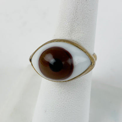 Glass Eye Brass Ring Brass Setting Brown - Loved To Death