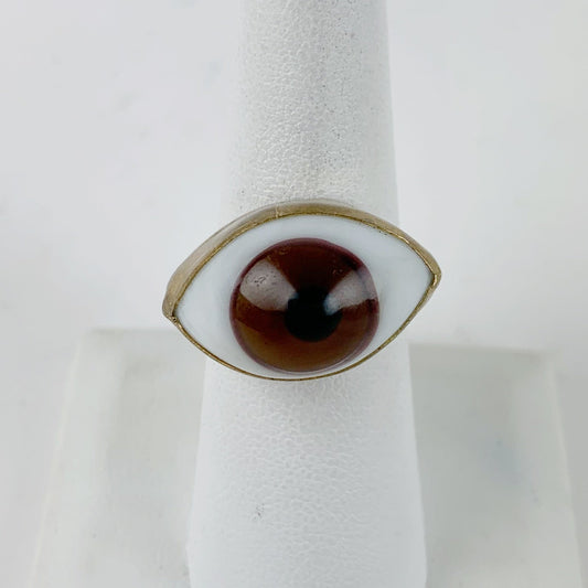 Glass Eye Brass Ring Brass Setting Brown - Loved To Death