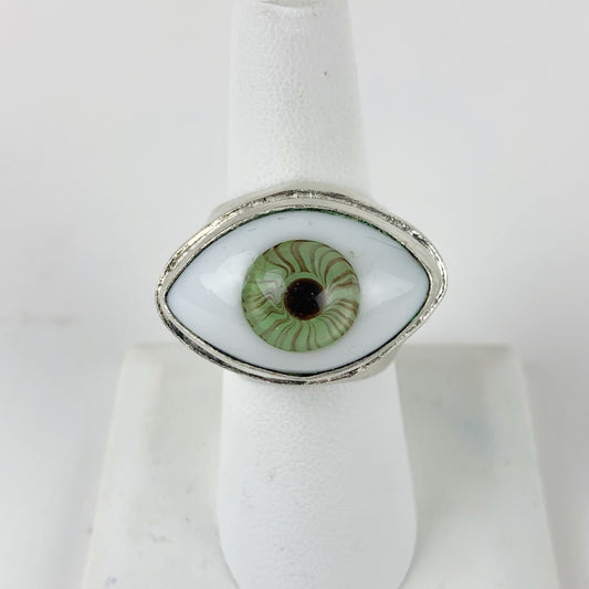 Glass Eye Ring Large Green Silver Plated - Loved To Death