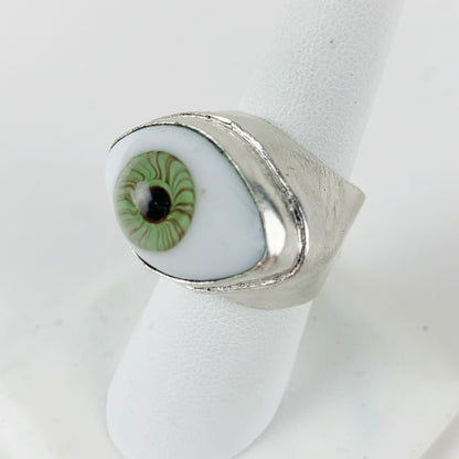 Glass Eye Ring Large Green Silver Plated - Loved To Death