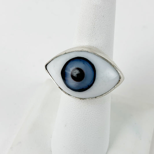 Glass Eye Sliver Plate Brass Ring Blue large - Loved To Death