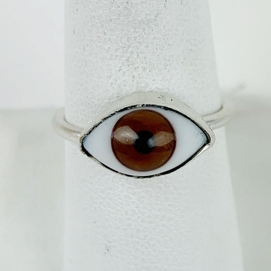 Glass Eye Sliver Plate Brass Ring Brown - Loved To Death