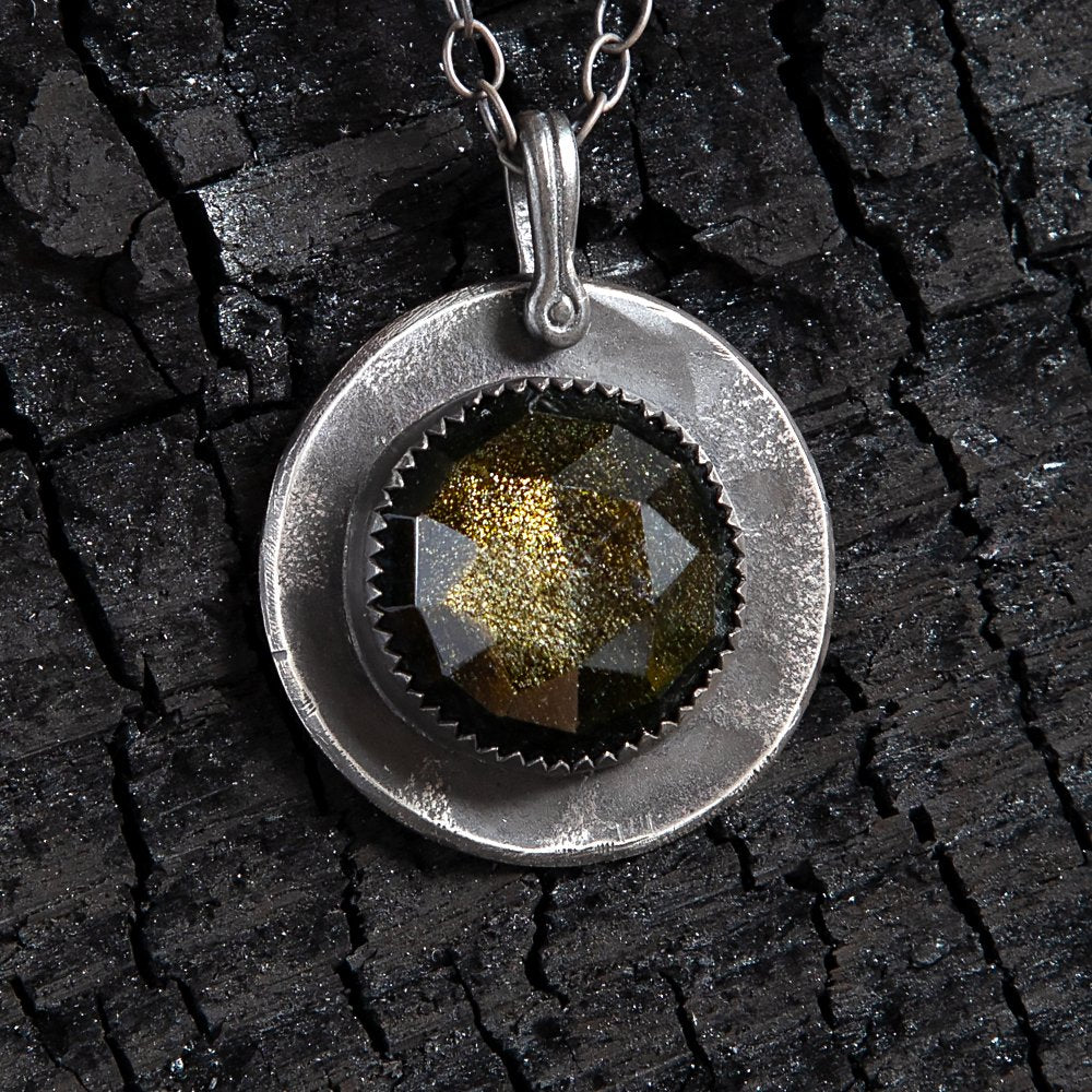Gold Sheen Obsidian Honeycomb Faceted Full Moon Sterling Amulet Necklace - Loved To Death