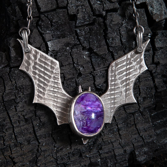 Gothic Vampire Bat Wing Handmade Charoite Sterling Necklace SAMPLE SALE - Loved To Death