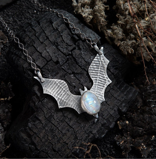 Gothic Vampire Bat Wing Moonstone Sterling Necklace SAMPLE SALE - Loved To Death