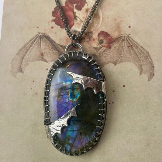 Gothic Vampire Bat Wings Purple Rainbow Labradorite Sterling Necklace { Lucrezia } - Loved To Death