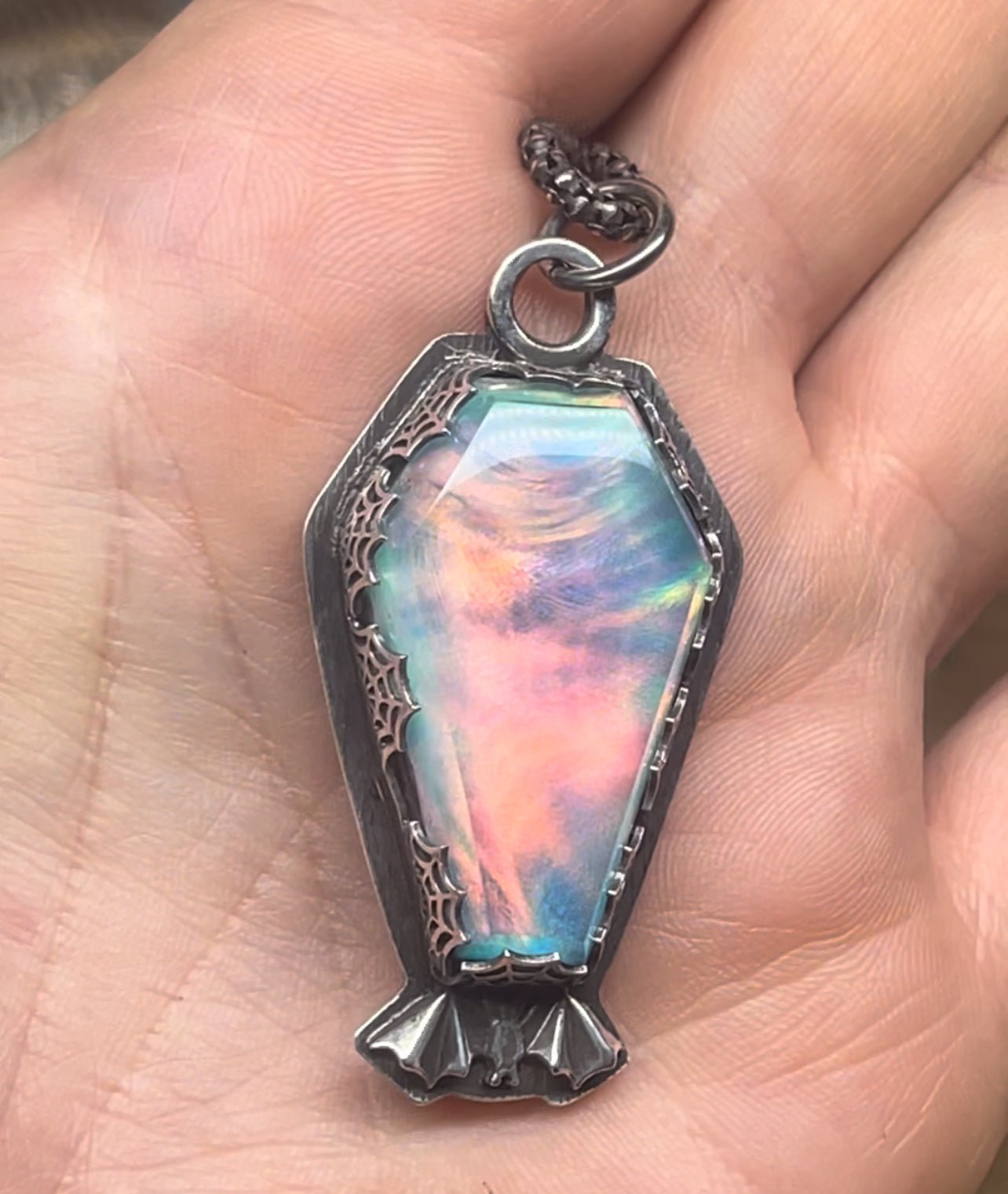 Gothic Victorian Aurora Opal Glow Bat Coffin Spiderweb Necklace - Loved To Death