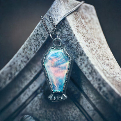 Gothic Victorian Aurora Opal Glow Bat Coffin Spiderweb Necklace - Loved To Death