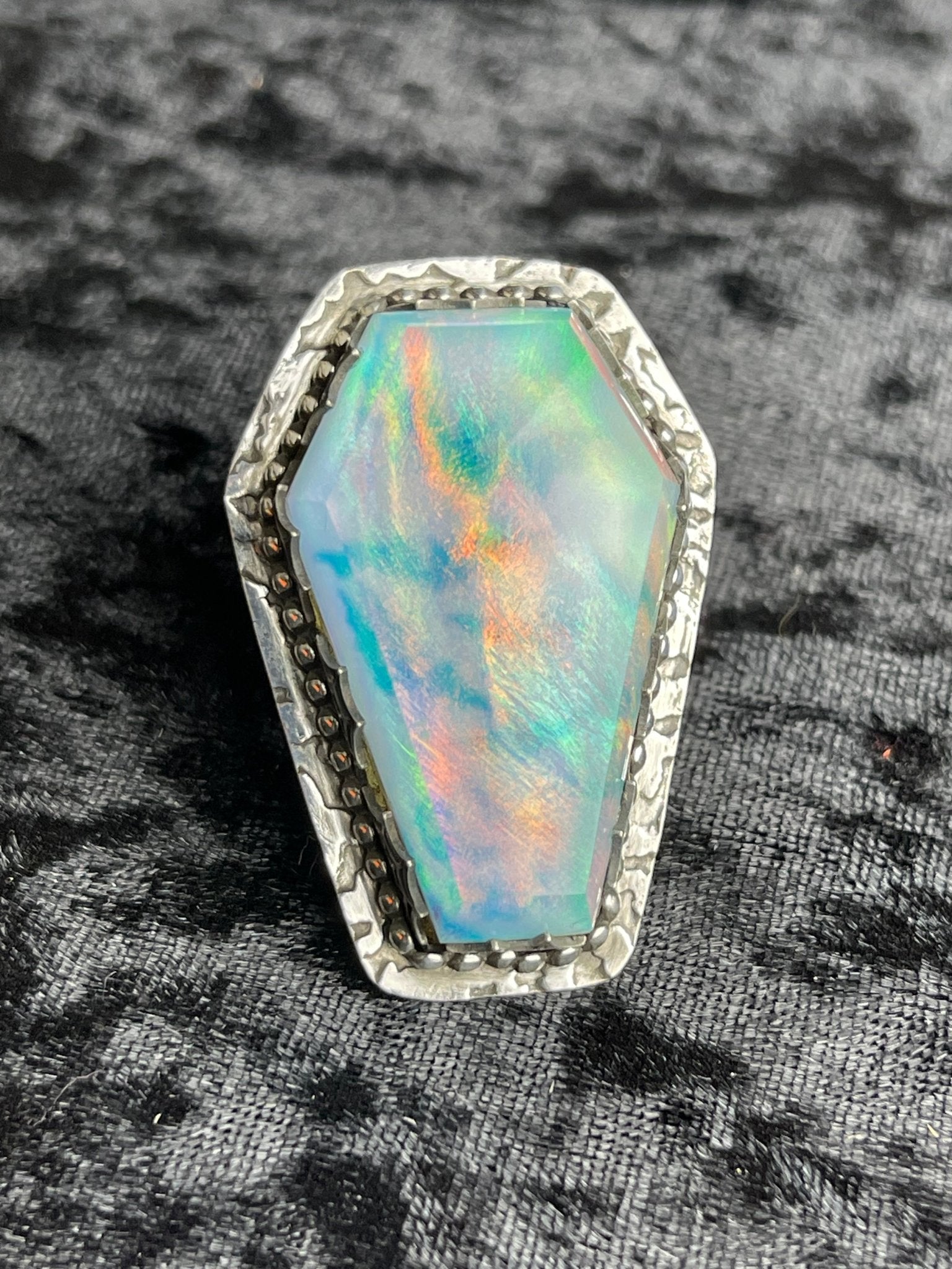 Gothic Victorian Aurora Opal Glow Coffin Flying Bats Ring - Loved To Death