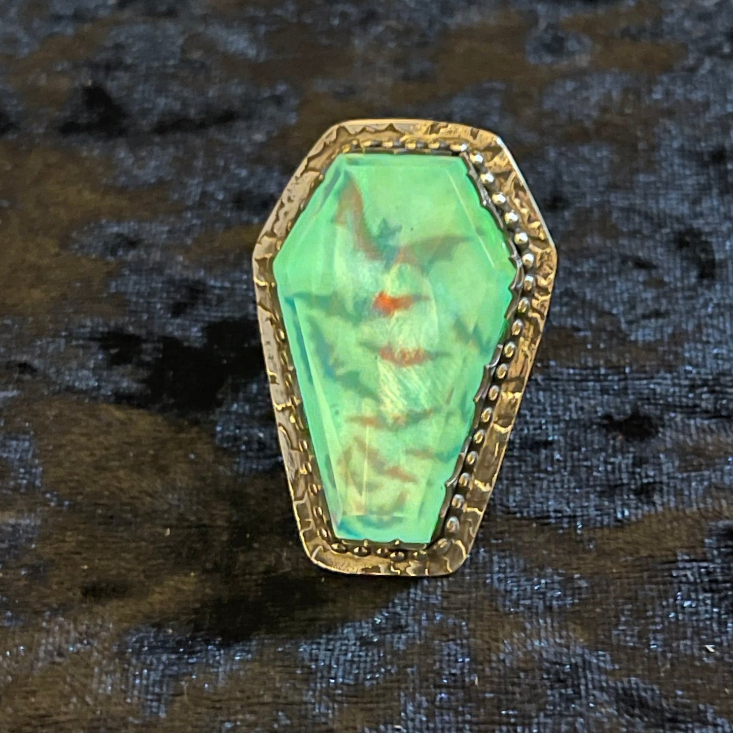 Gothic Victorian Aurora Opal Glow Coffin Flying Bats Ring - Loved To Death