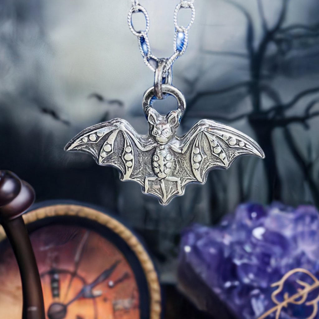 Gothic Victorian Bat Handmade Art Nouveau Pendant Sterling Necklace - Loved To Death