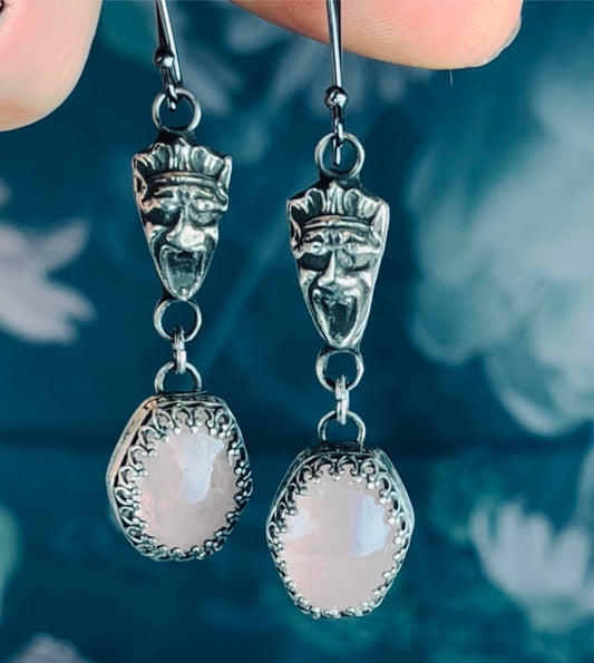 Gothic Victorian Gargoyle Rose Quartz Sterling Earrings - Loved To Death