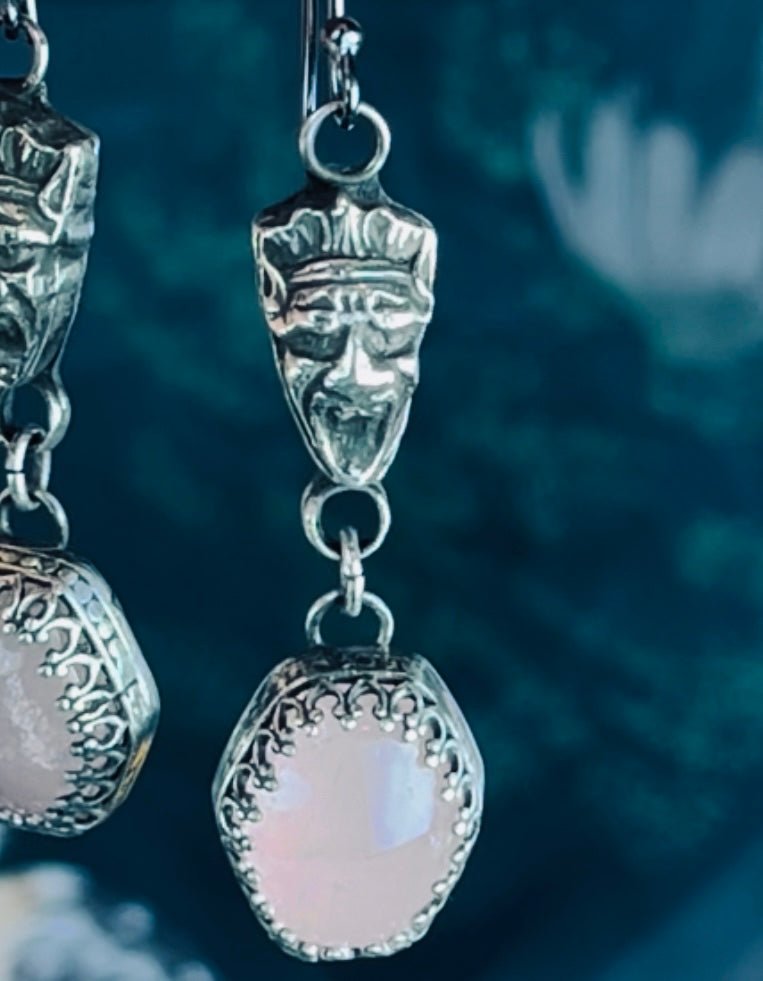 Gothic Victorian Gargoyle Rose Quartz Sterling Earrings - Loved To Death