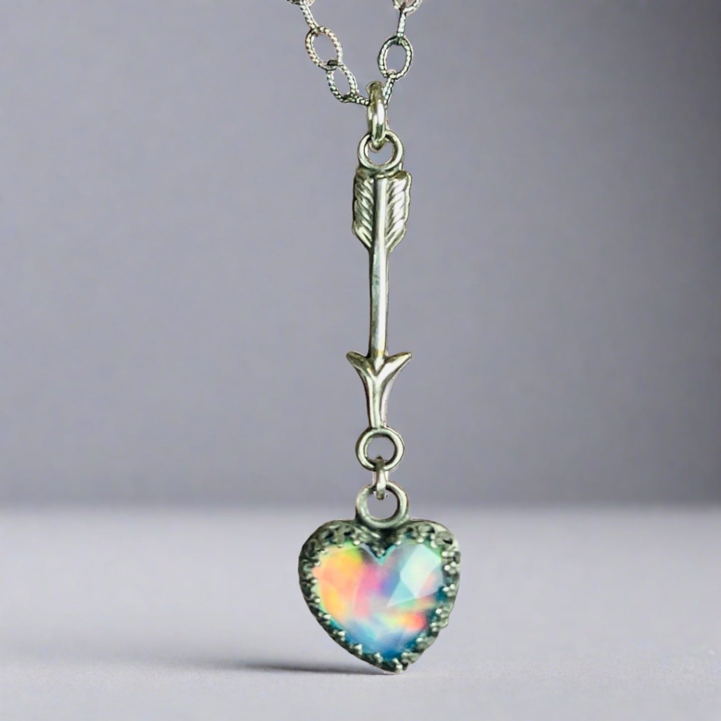 Gothic Victorian Handmade Mini Arrow Aurora Opal Heart Sterling Necklace - Loved To Death