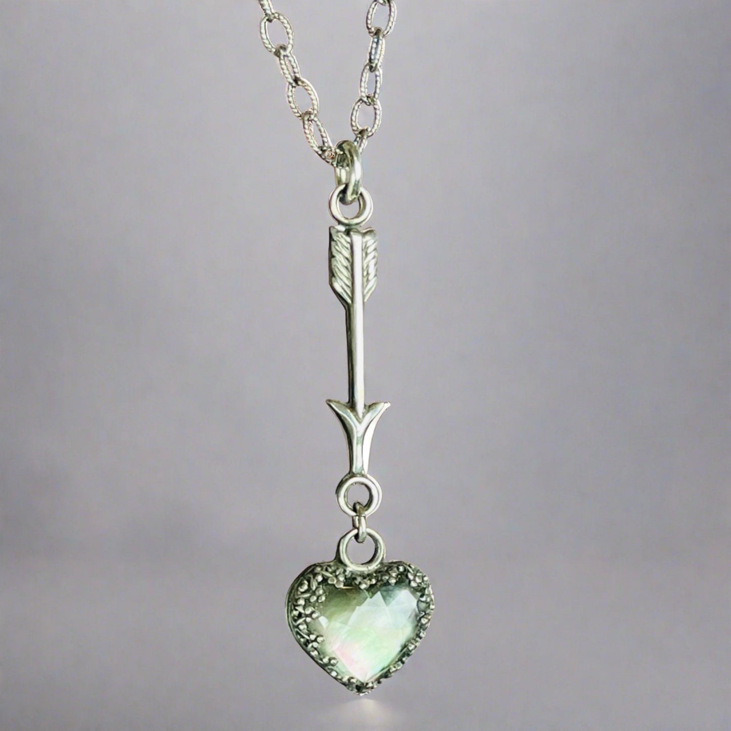 Gothic Victorian Handmade Mini Arrow MOP Crystal Heart Sterling Necklace - Loved To Death