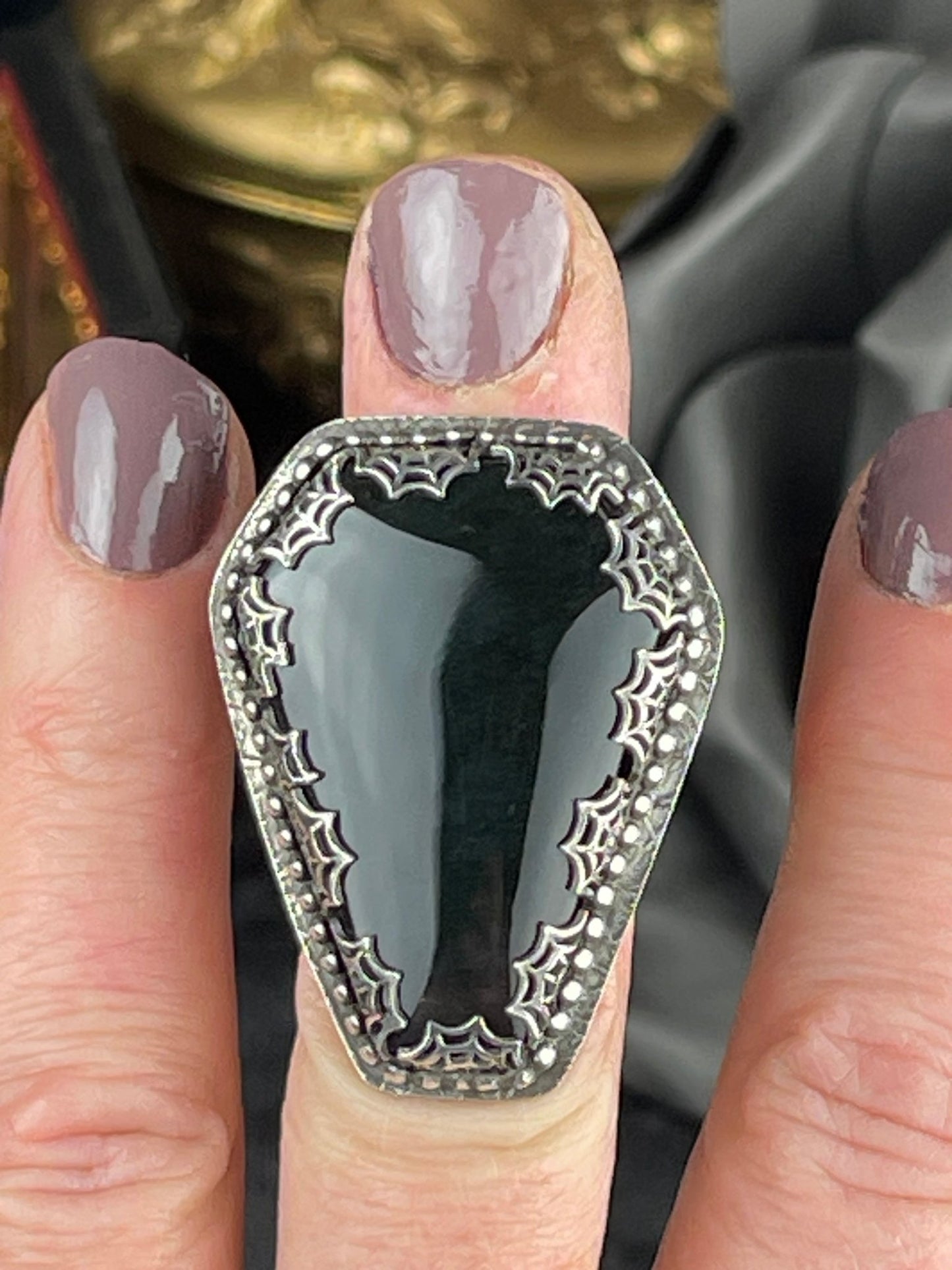 Gothic Victorian Velvet Obsidian Coffin Ring - Loved To Death