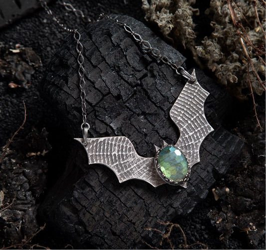 Handmade Gothic Vampire Bat Wing Labradorite Sterling Necklace SAMPLE SALE - Loved To Death