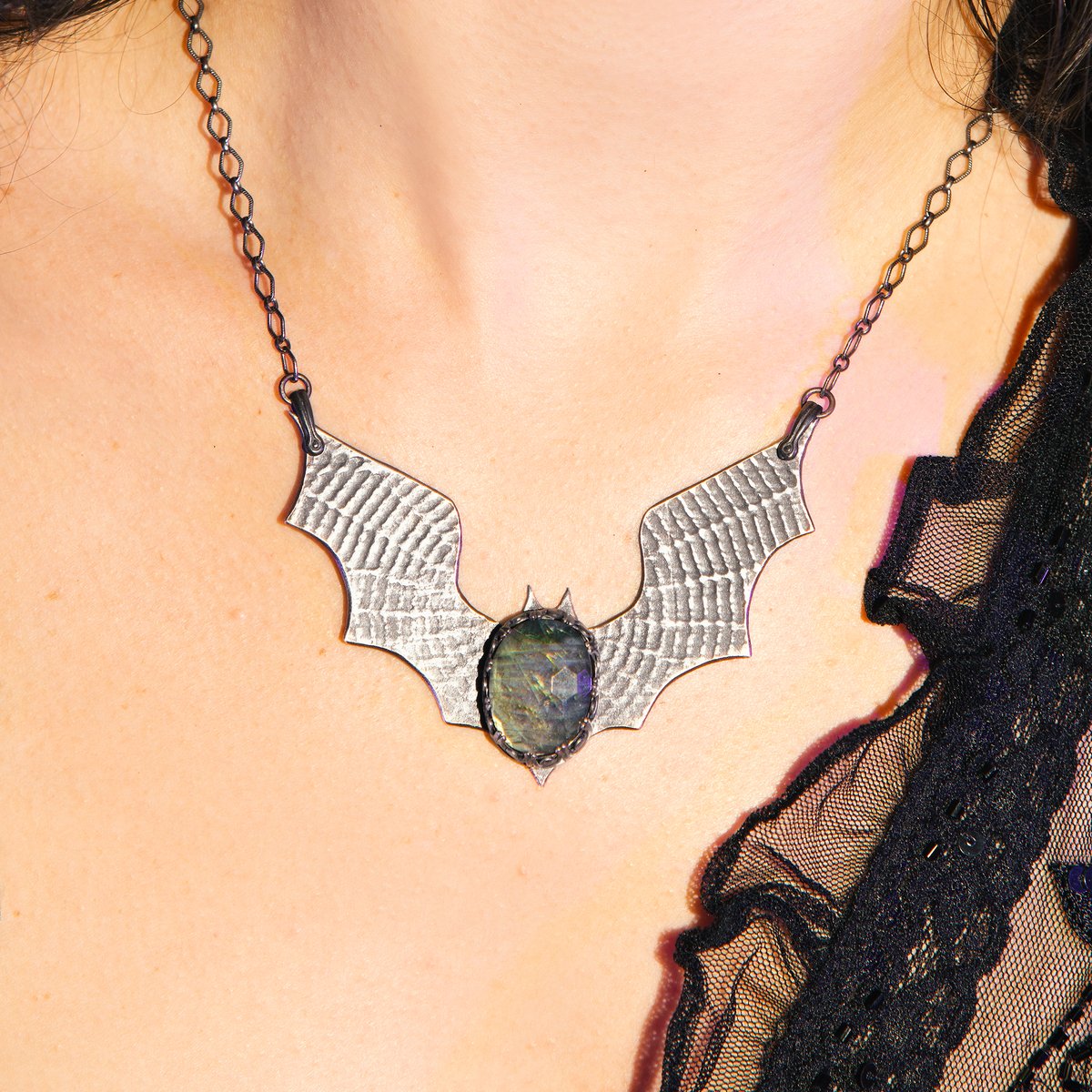 Handmade Gothic Vampire Bat Wing Labradorite Sterling Necklace SAMPLE SALE - Loved To Death