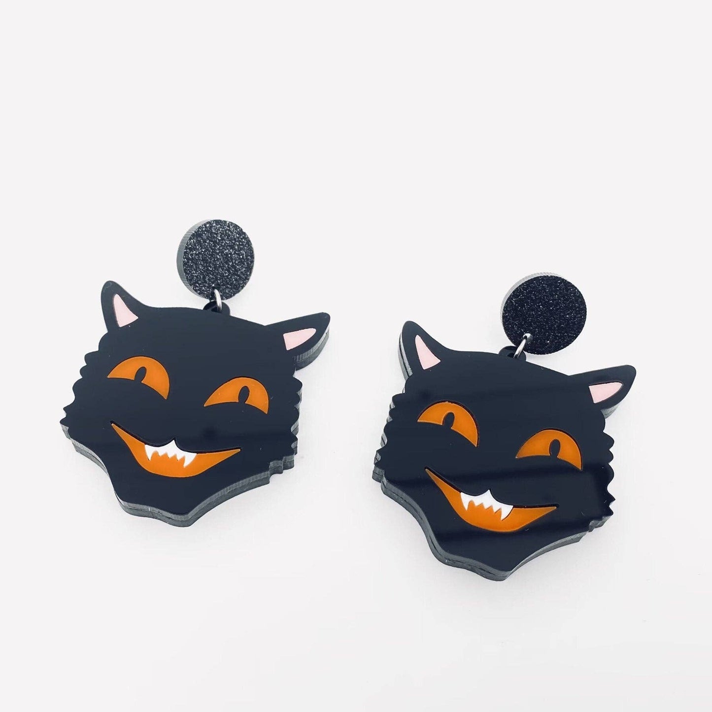 Horror Black Cat Acrylic Pendant Post Earrings - Loved To Death