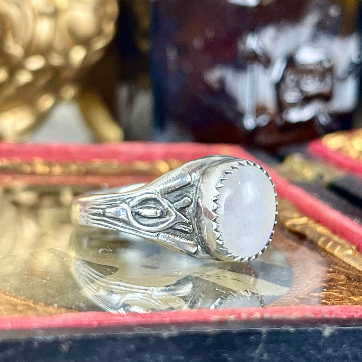Gothic Victorian Cala Lily Funeral Art Nouveau Moonstone Sterling Ring { Vigil }