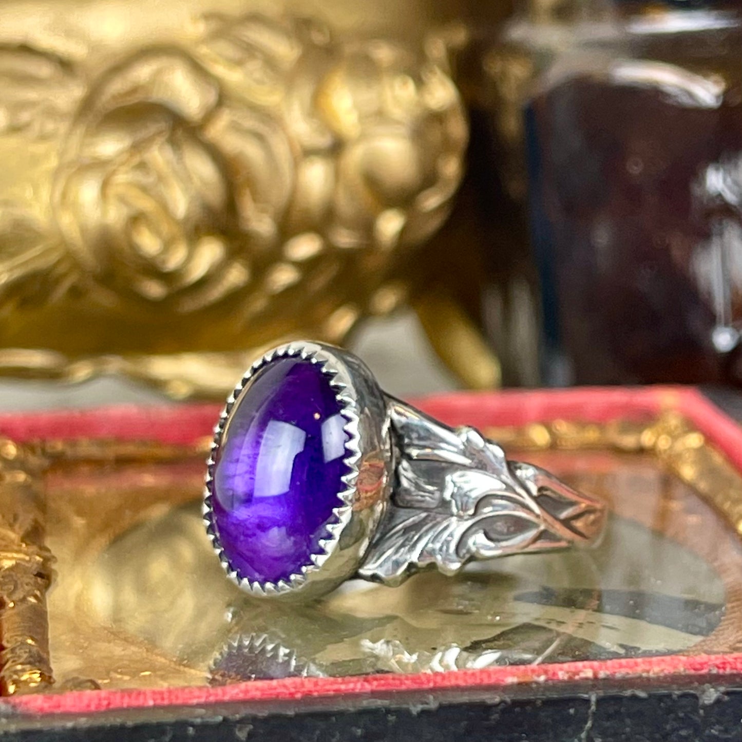 Gothic Victorian Amethyst Ring Filigree Leaves Band Sterling { The Looming }