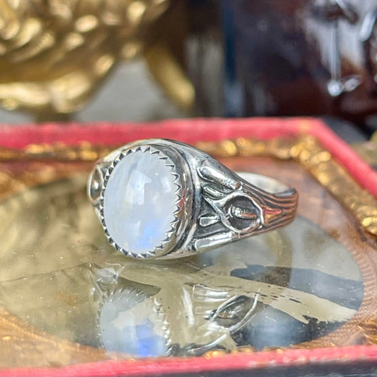 Gothic Victorian Cala Lily Funeral Art Nouveau Moonstone Sterling Ring { Vigil }