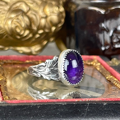 Gothic Victorian Amethyst Ring Filigree Leaves Band Sterling { The Looming }