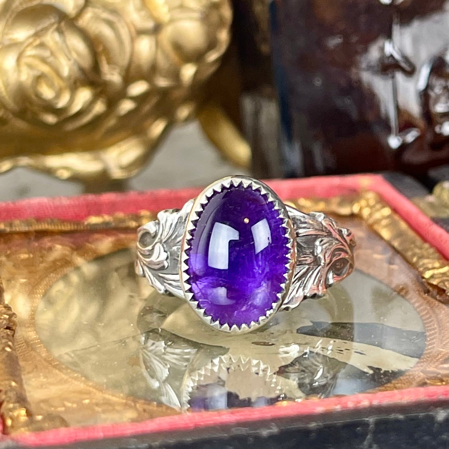 Gothic Victorian Amethyst Ring Filigree Leaves Band Sterling { The Looming }