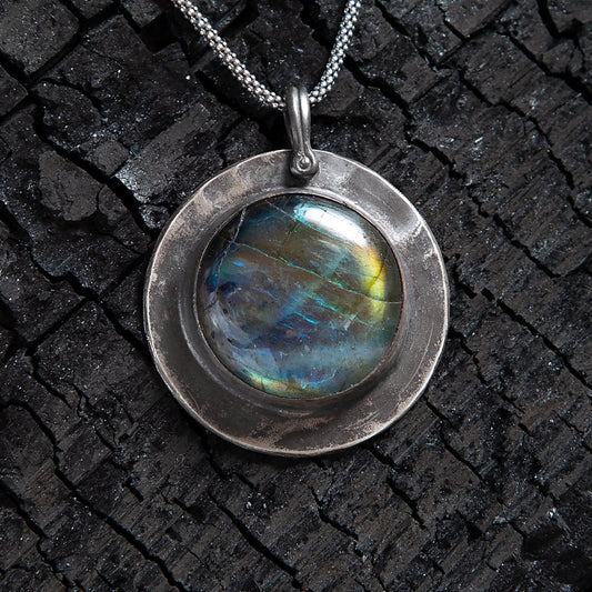 Labradorite Deep Blue Gold Full Moon Sterling Amulet Necklace - Loved To Death
