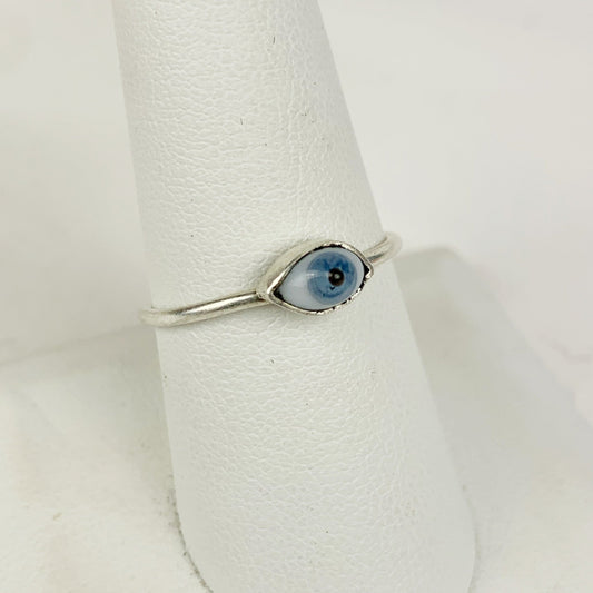Mini Glass Eye Silver Plate Brass Ring Blue - Loved To Death