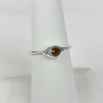 Mini Glass Eye Silver Plate Brass Ring Brown - Loved To Death