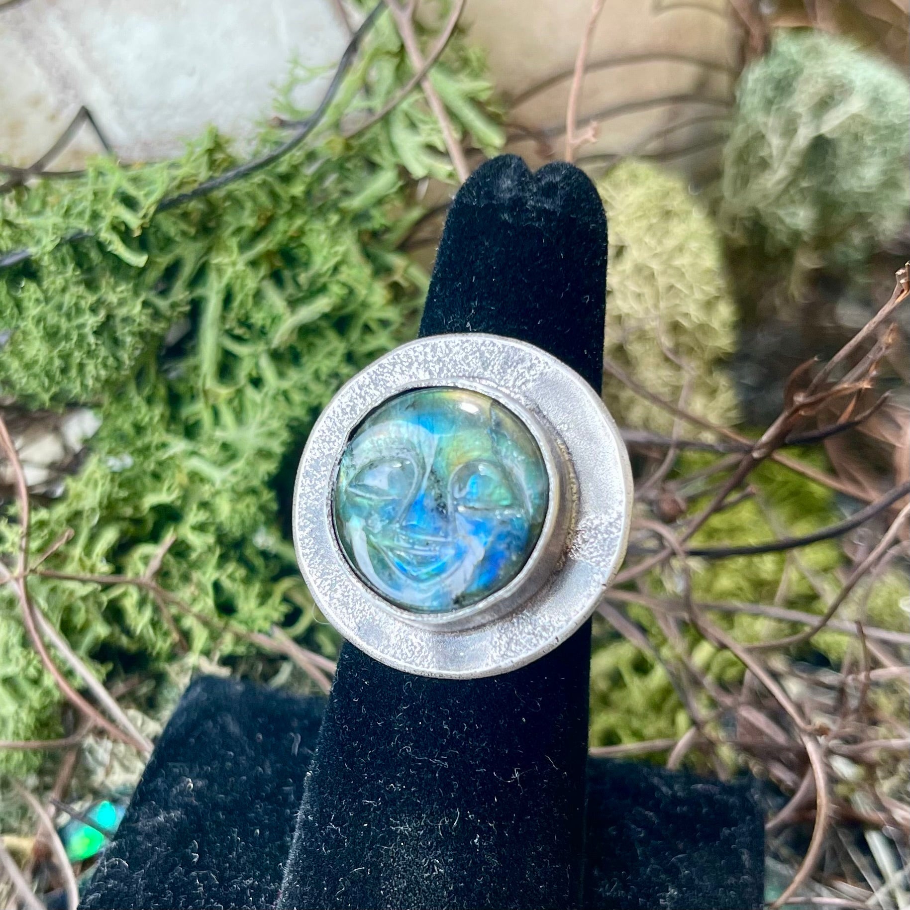 Moon Face Labradorite Full Moon Sterling Amulet Ring - Loved To Death