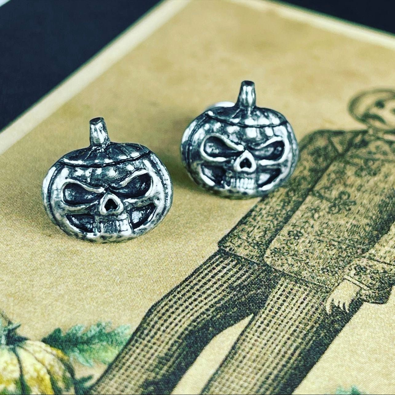 Pumpkin Jack o Lantern Pewter Earring Studs - Loved To Death