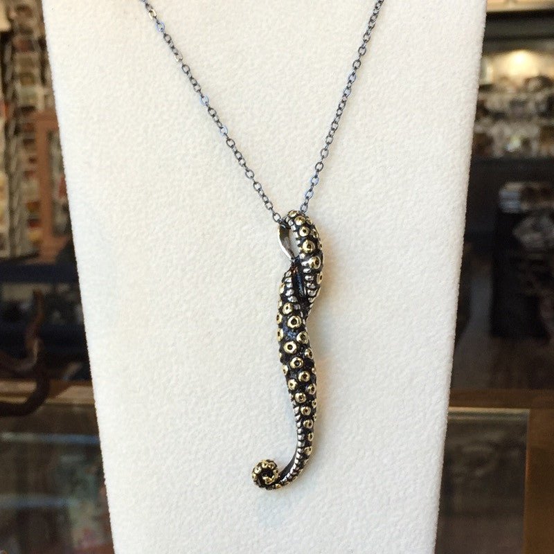 Rhodium Sterling Silver Octopus Tentacle 24K Gold Accents Necklace Large - Loved To Death