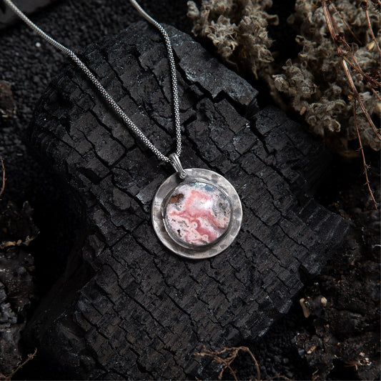 Rhodochrosite Full Moon Sterling Amulet Necklace - Loved To Death