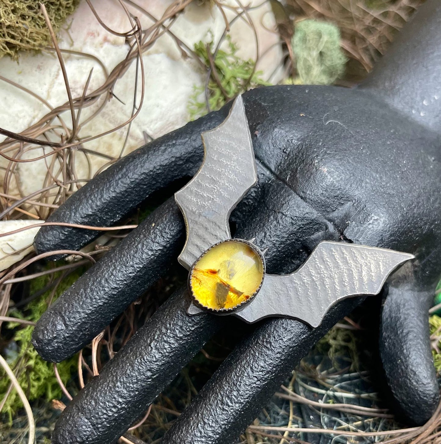 SAMPLE Bat Wing Amber Sterling Ring - Loved To Death
