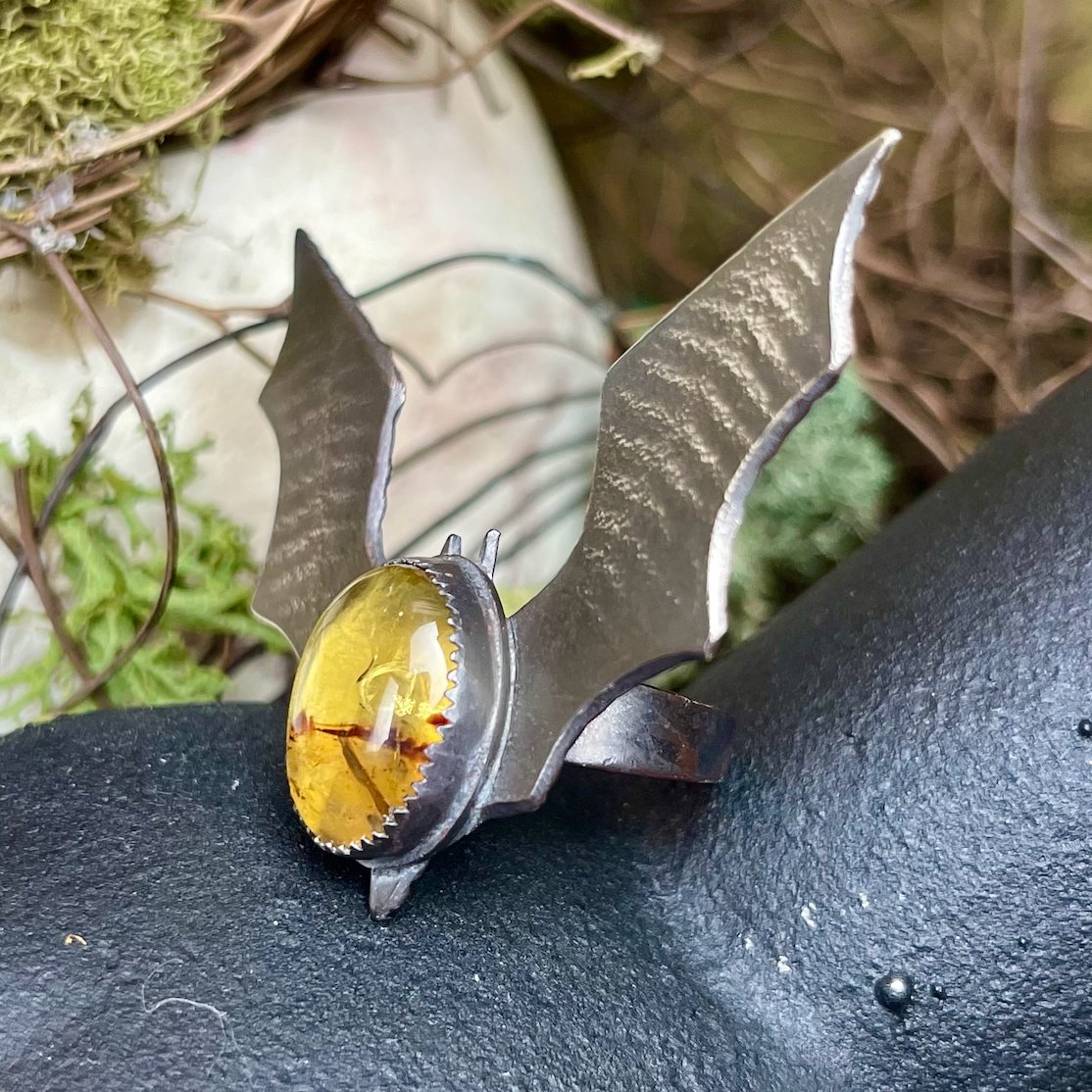 SAMPLE Bat Wing Amber Sterling Ring - Loved To Death