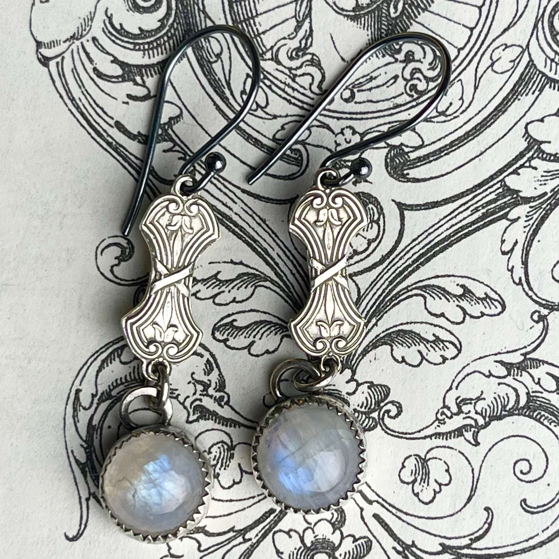 Sterling Gothic Victorian Moonstone Earrings - Loved To Death