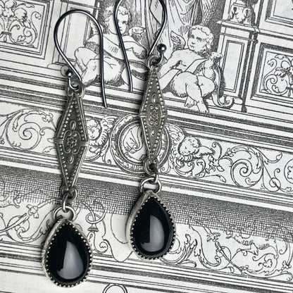 Sterling Gothic Victorian Onyx Drop Earrings - Loved To Death
