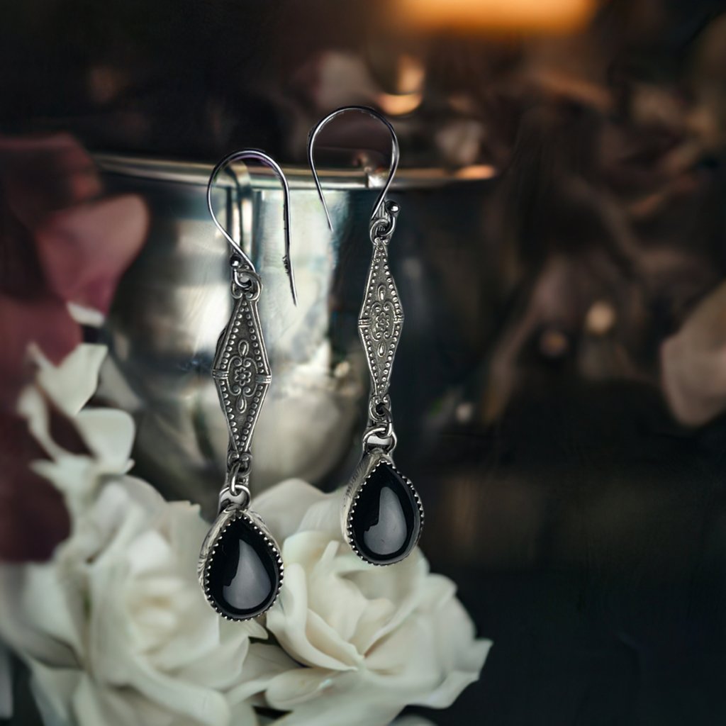 Sterling Gothic Victorian Onyx Drop Earrings - Loved To Death