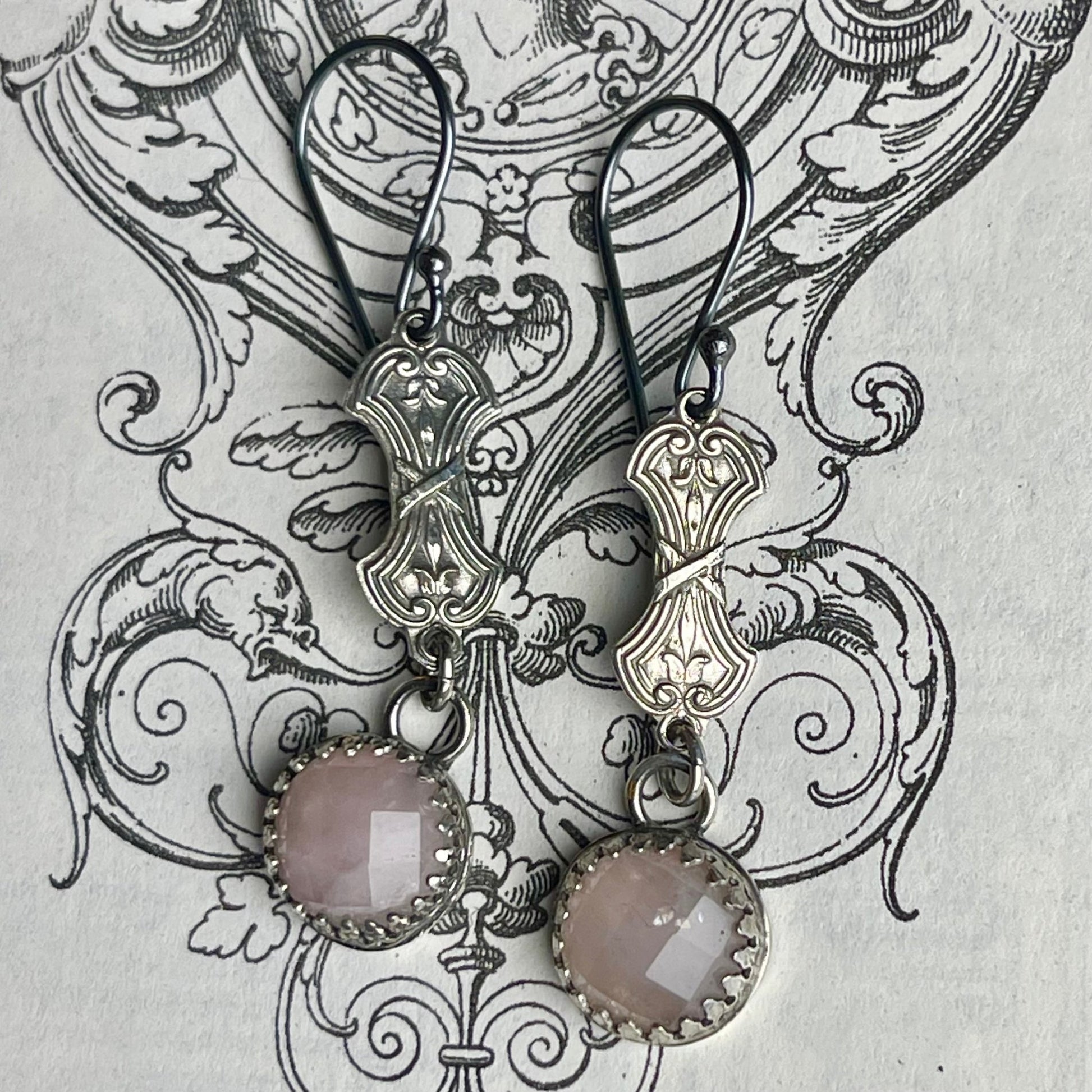Sterling Gothic Victorian Rose Quartz Earrings - Loved To Death