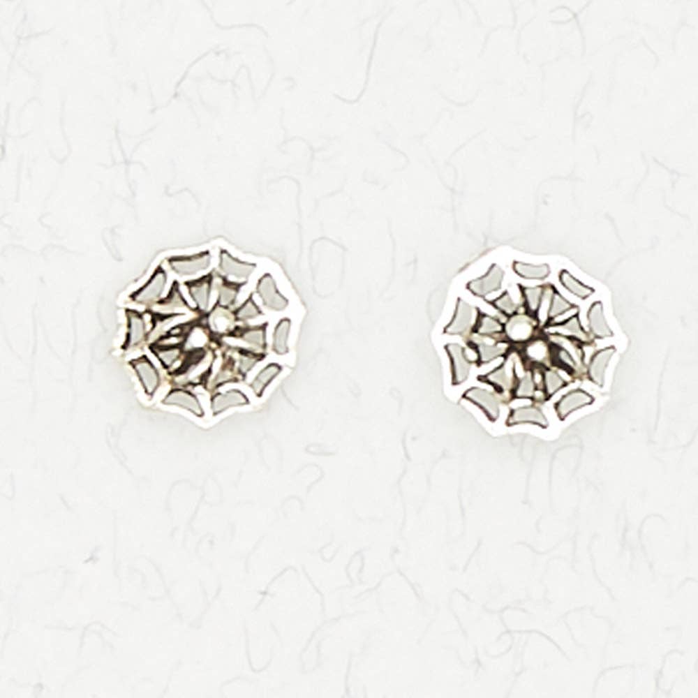 Sterling Silver Ear Studs - Spider In Web - Loved To Death