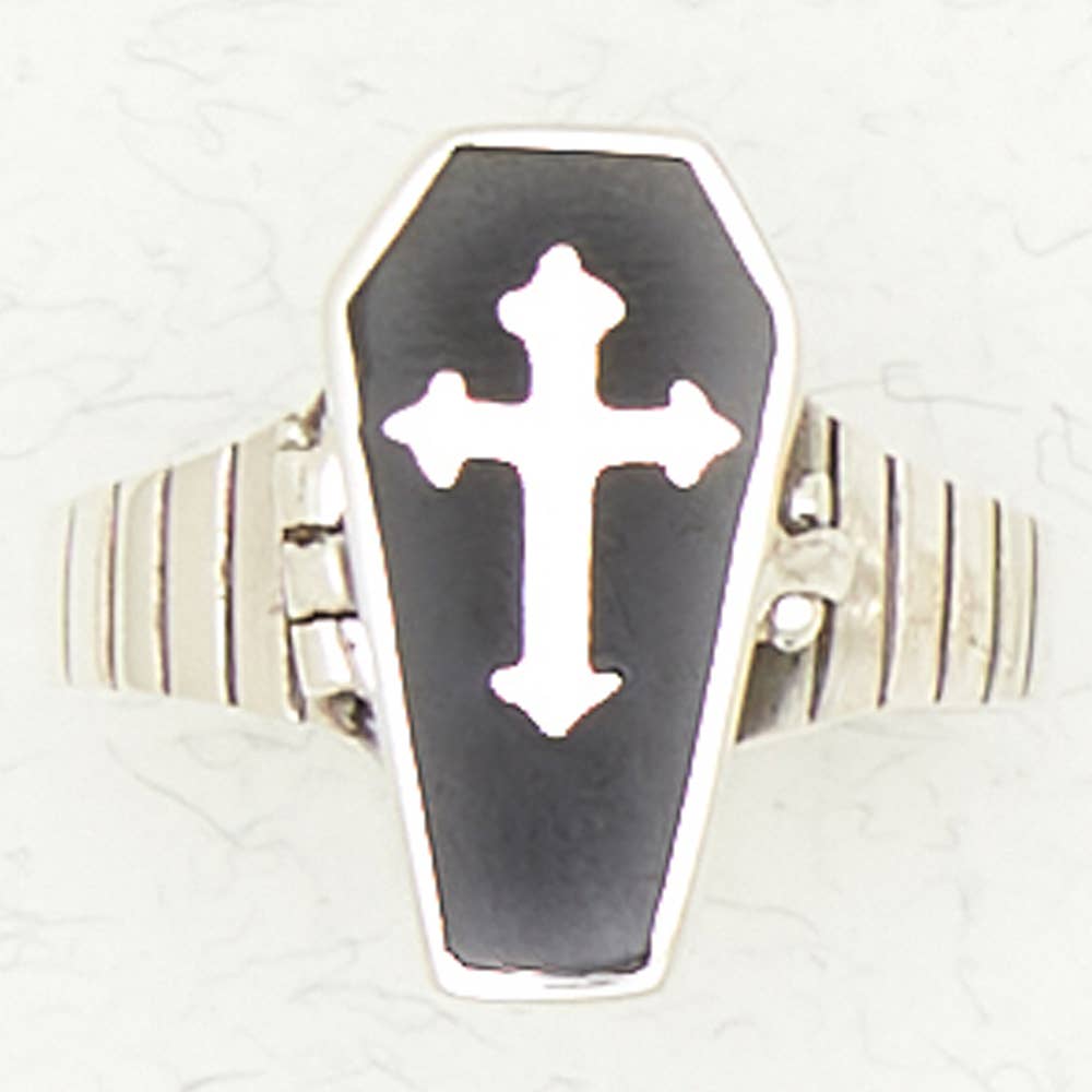Sterling Silver Poison Ring - Coffin with Cross - Loved To Death