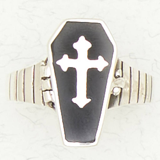 Sterling Silver Poison Ring - Coffin with Cross - Loved To Death