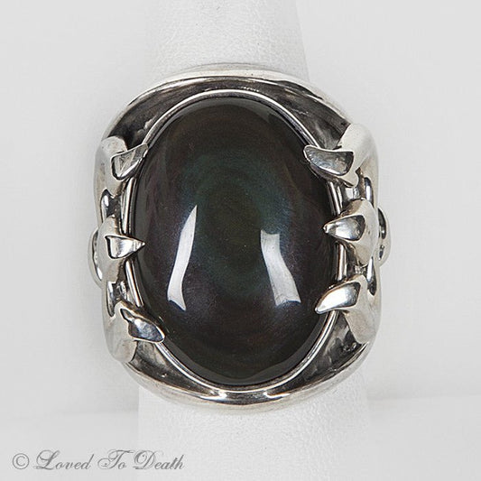 Sterling Silver Trident Rainbow Obsidian Ring - Loved To Death