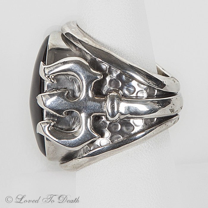 Sterling Silver Trident Rainbow Obsidian Ring - Loved To Death