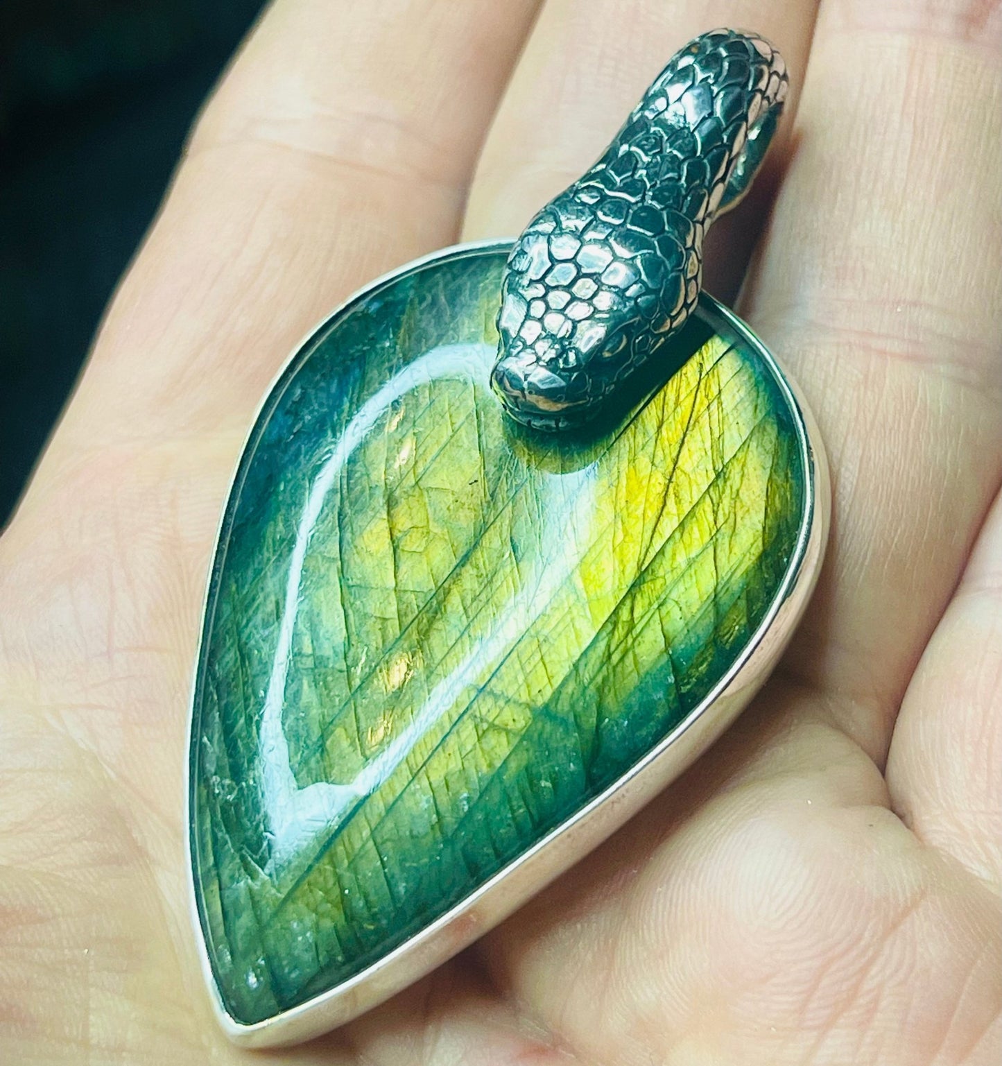 Sterling Snake Head Green Labradorite Pendant - Loved To Death