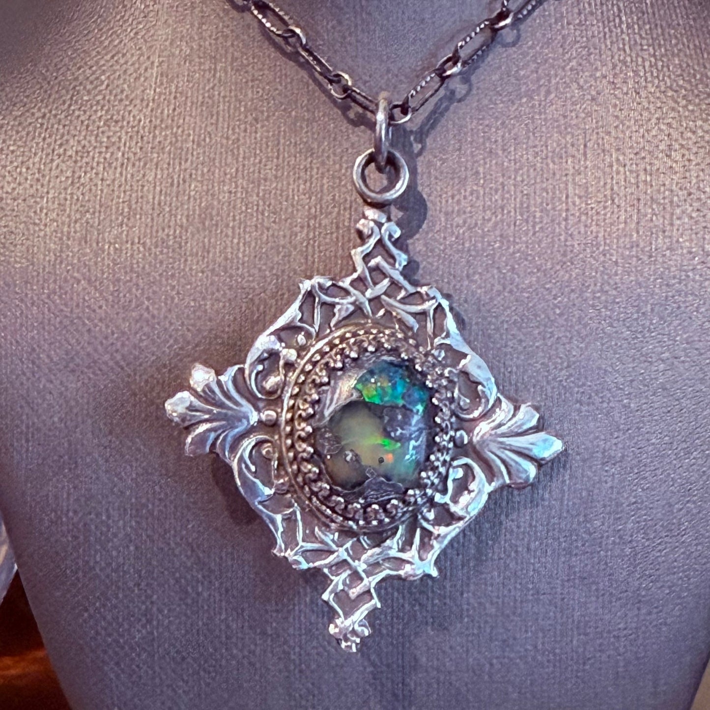 Victorian Filigree Sterling Galaxy Opal Necklace - Loved To Death