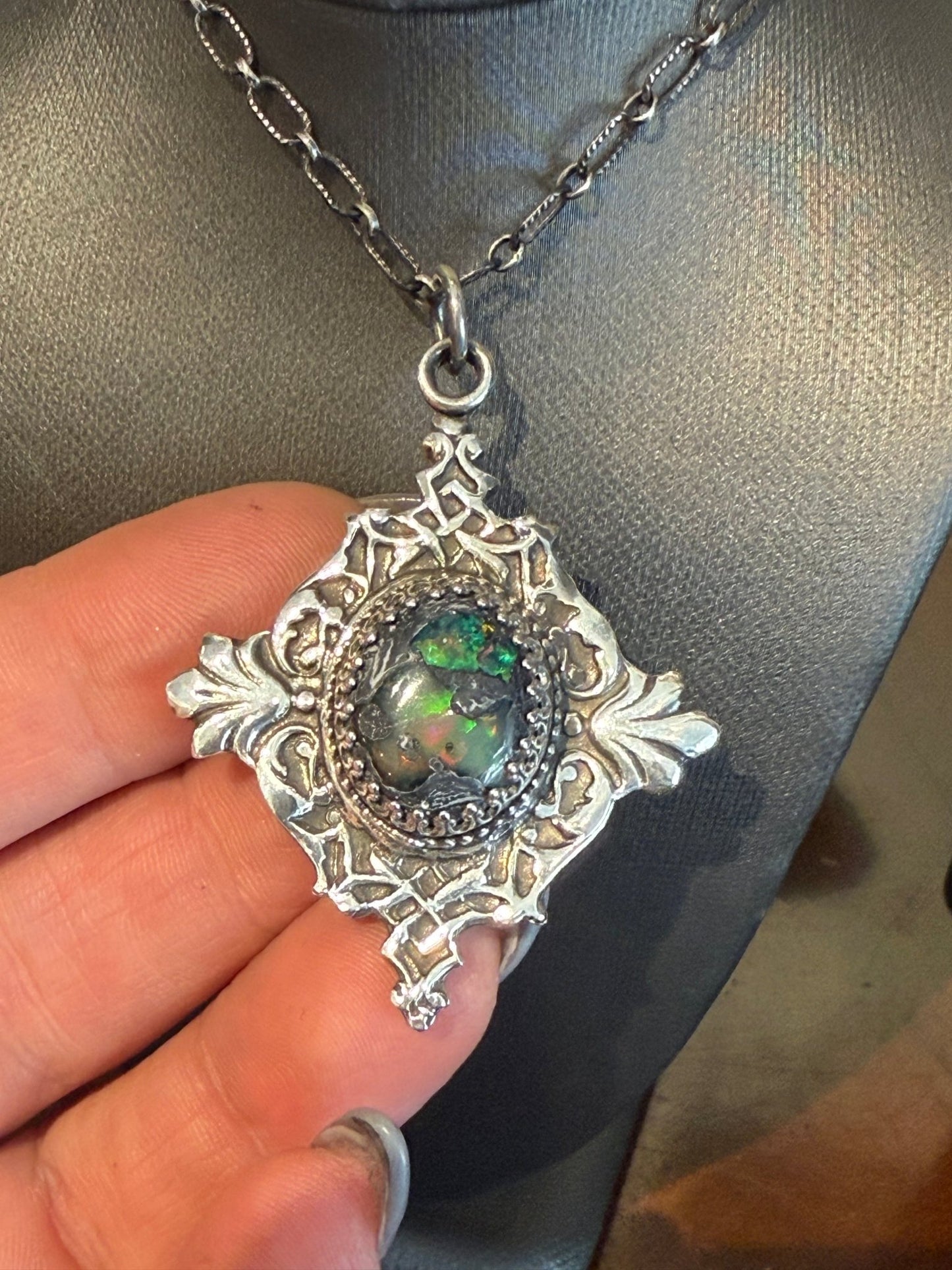Victorian Filigree Sterling Galaxy Opal Necklace - Loved To Death