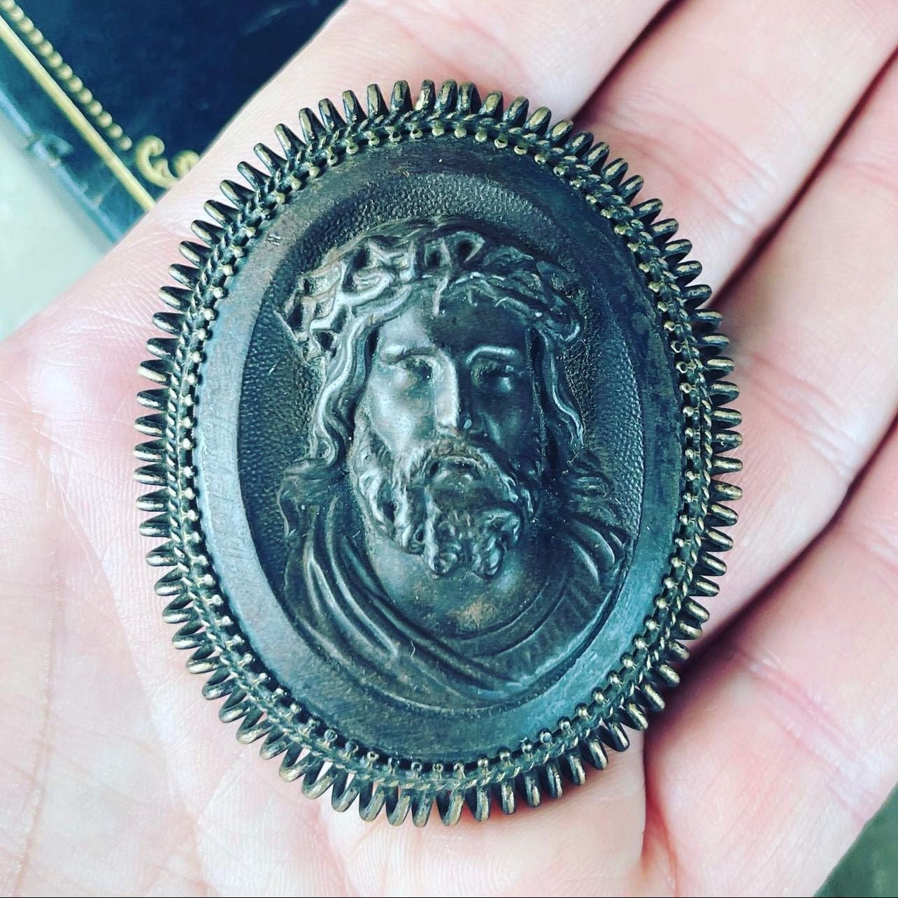 Victorian Gutta Percha Jesus Crown of Thorns Brooch - Loved To Death